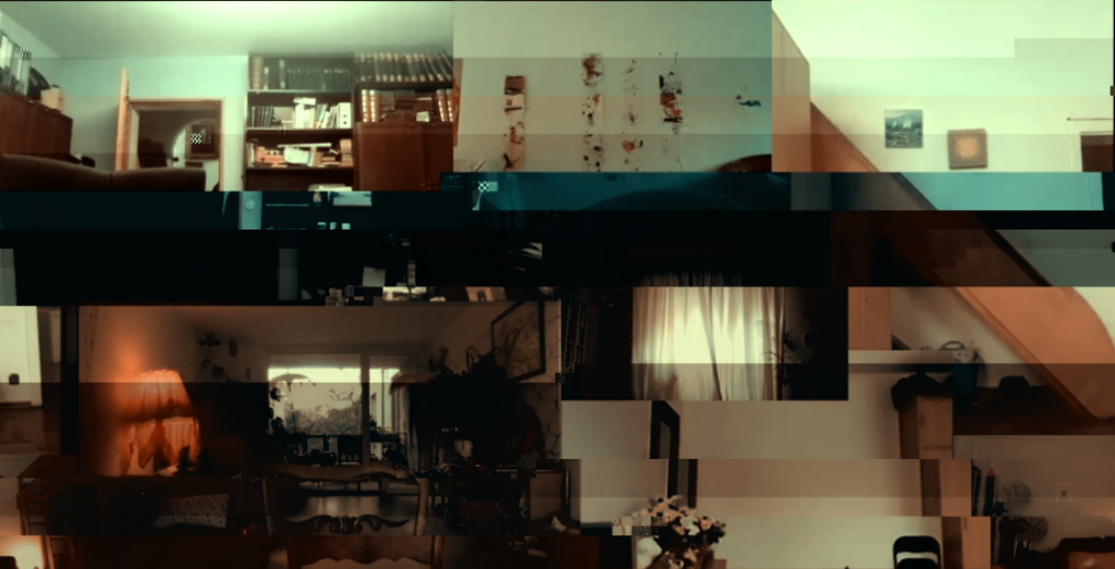 Auf dem foto ist eine Sammlung von fünf leeren Räumen innerhalb eines Zoom-Call zu sehen, das so bearbeitet wurde, dass es ein verzerrtes Bild aussieht